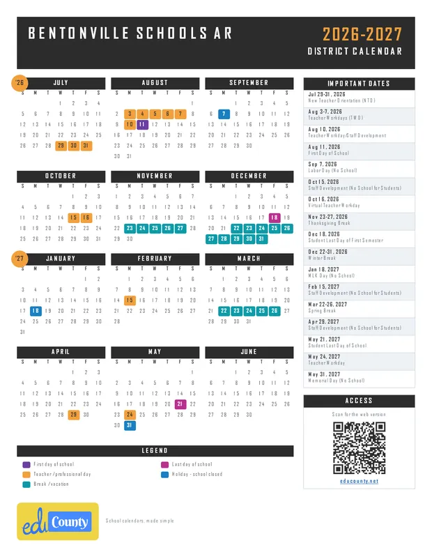 Bentonville Schools printable 2026-27 calendar