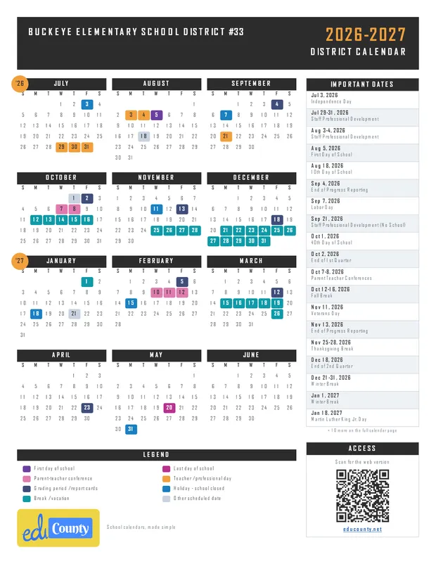 Buckeye Elementary School District #33 printable 2026-27 calendar