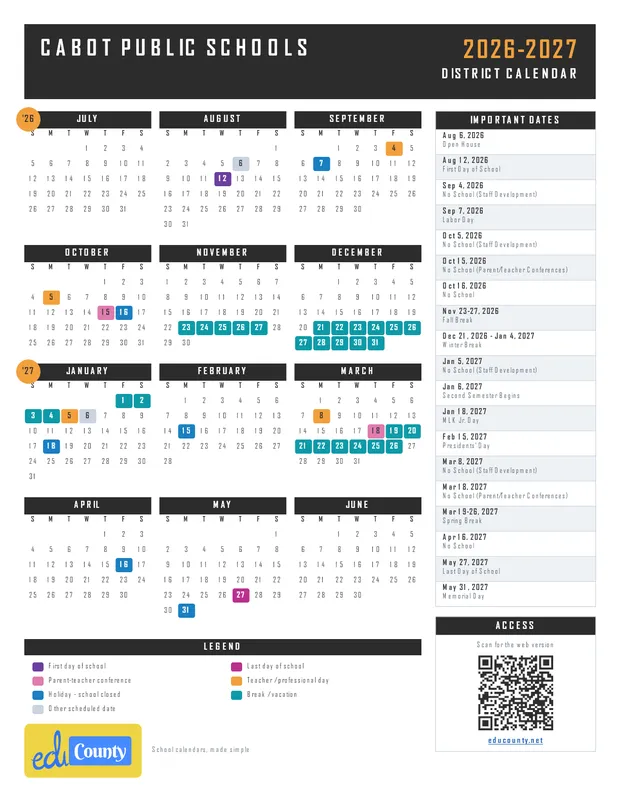 Cabot Public Schools printable 2026-27 calendar