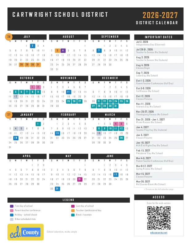 Cartwright School District printable 2026-27 calendar