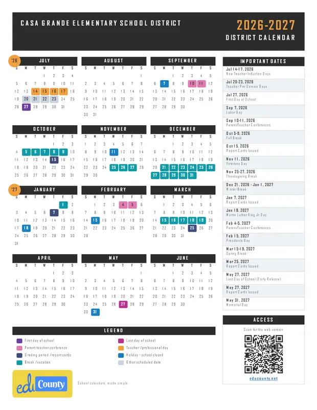 Casa Grande Elementary School District printable 2026-27 calendar