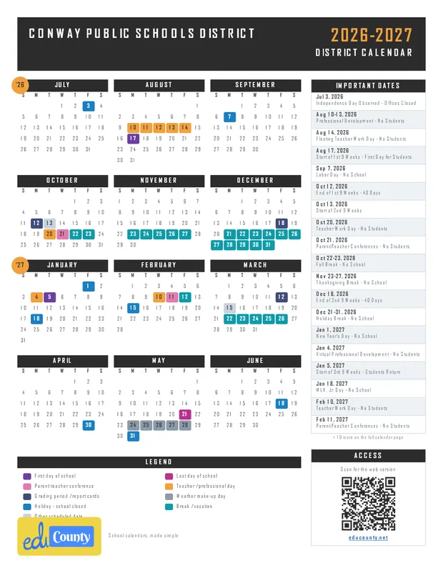 Conway Public Schools District printable 2026-27 calendar