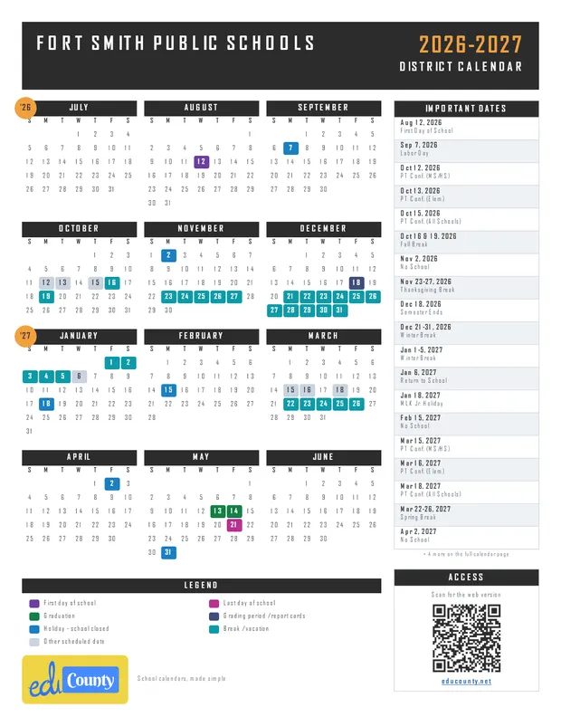 Fort Smith Public Schools printable 2026-27 calendar