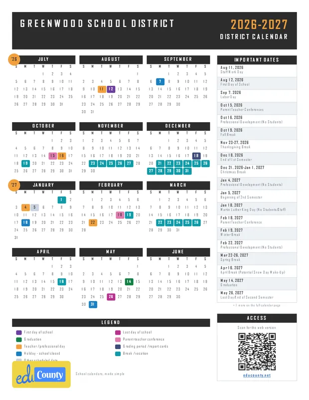 Greenwood School District printable 2026-27 calendar