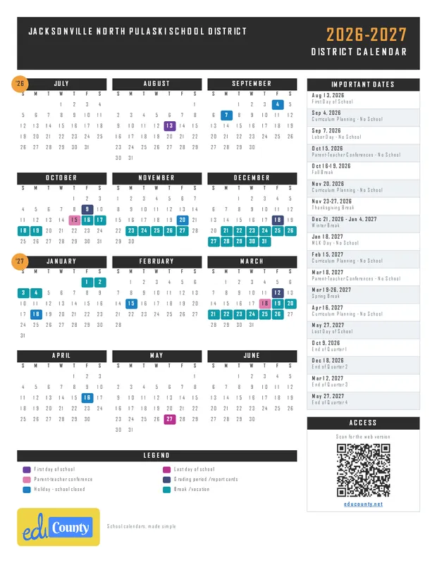 Jacksonville North Pulaski School District printable 2026-27 calendar