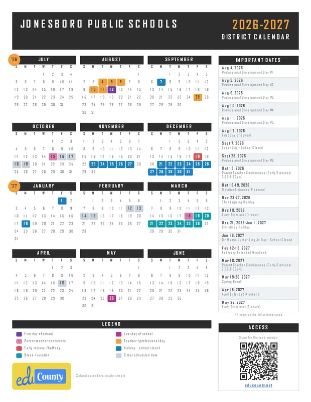 Jonesboro Public Schools printable 2026-27 calendar