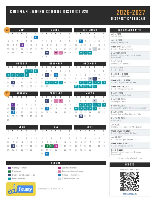 Kingman Unified School District #20 printable 2026-27 calendar
