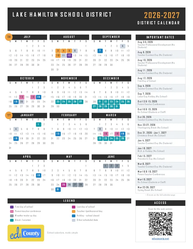 Lake Hamilton School District printable 2026-27 calendar