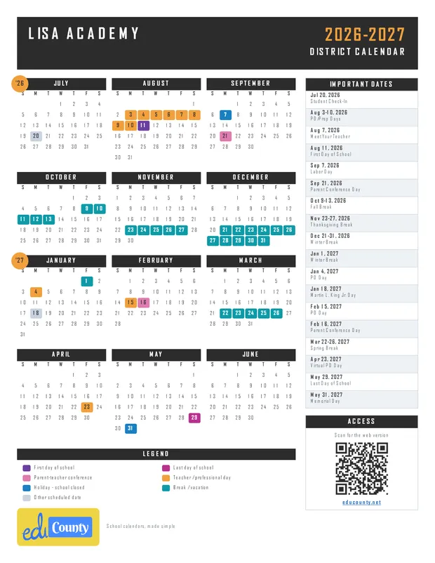 LISA Academy printable 2026-27 calendar