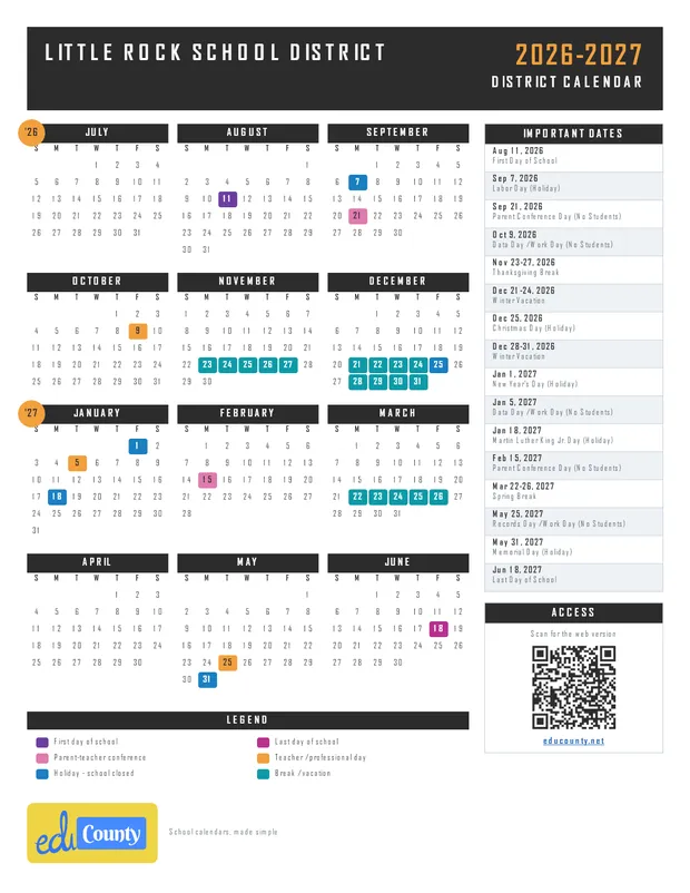 LITTLE ROCK SCHOOL DISTRICT printable 2026-27 calendar