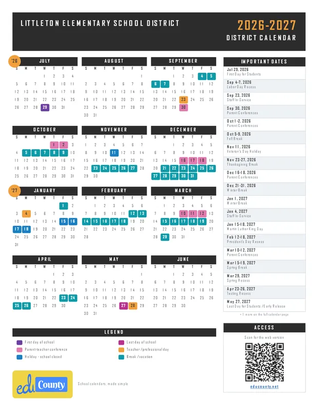 Littleton Elementary School District printable 2026-27 calendar