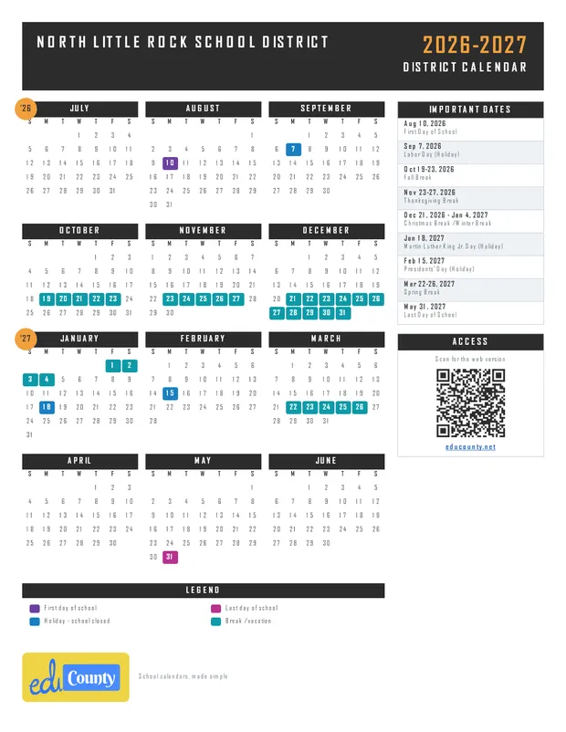 NORTH LITTLE ROCK SCHOOL DISTRICT printable 2026-27 calendar