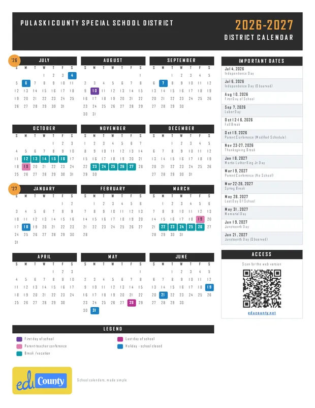 Pulaski County Special School District printable 2026-27 calendar