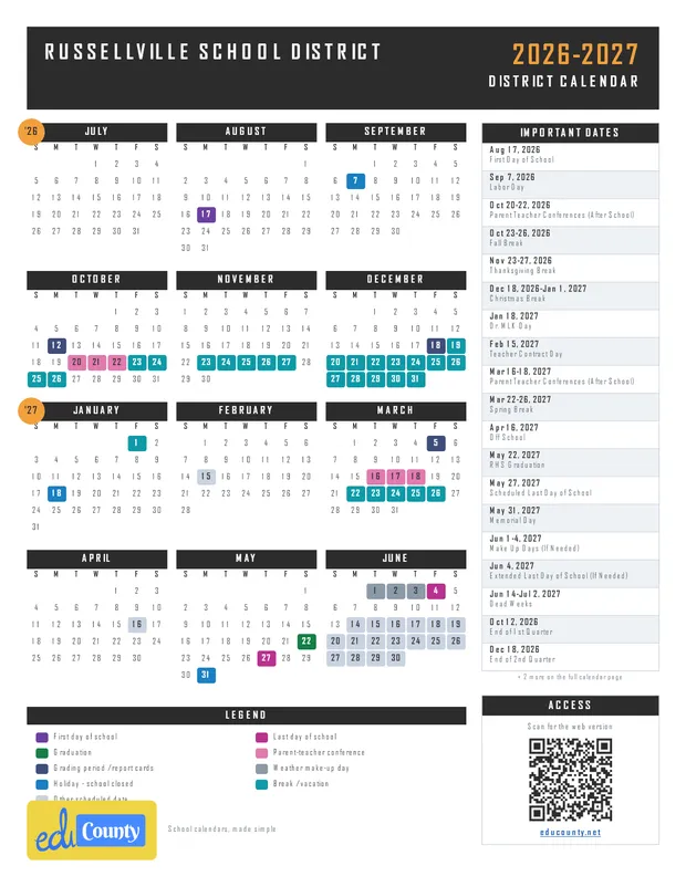 Russellville School District printable 2026-27 calendar