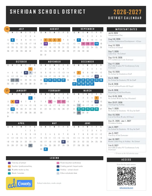 Sheridan School District printable 2026-27 calendar