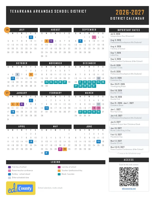 Texarkana Arkansas School District printable 2026-27 calendar