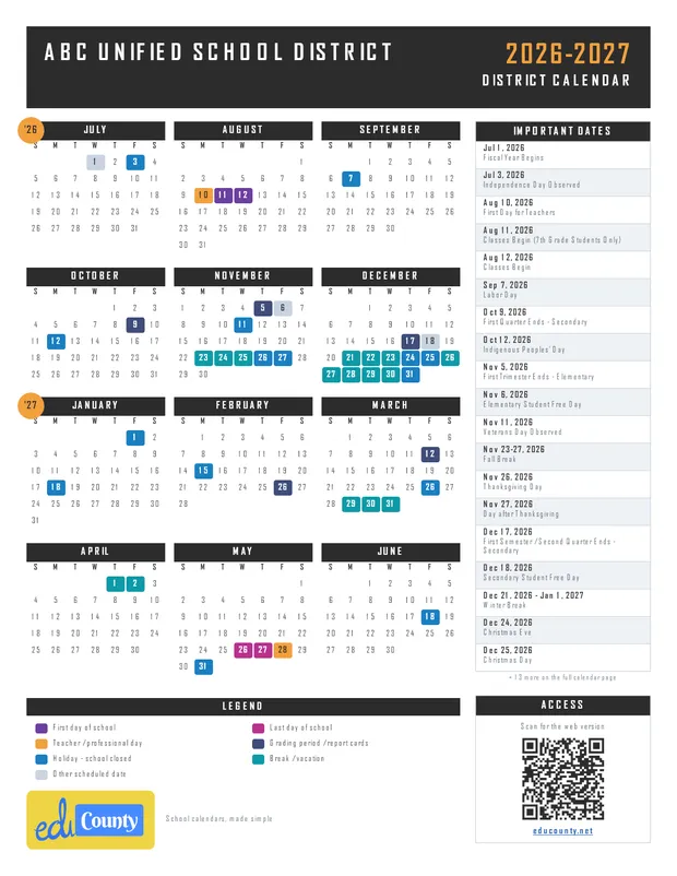 ABC Unified School District printable 2026-27 calendar