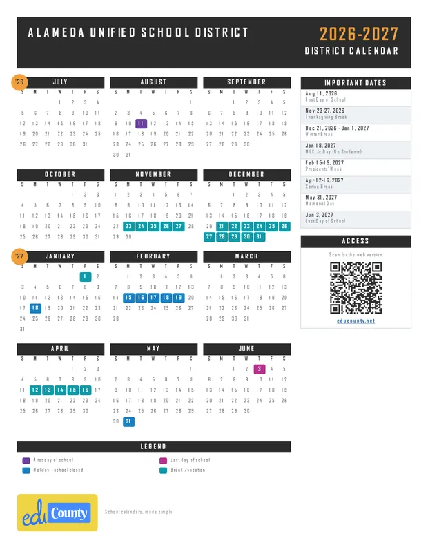 Alameda Unified School District printable 2026-27 calendar