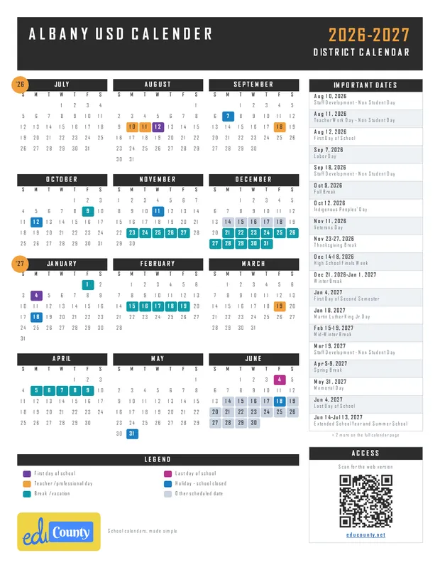Albany USD Calender printable 2026-27 calendar