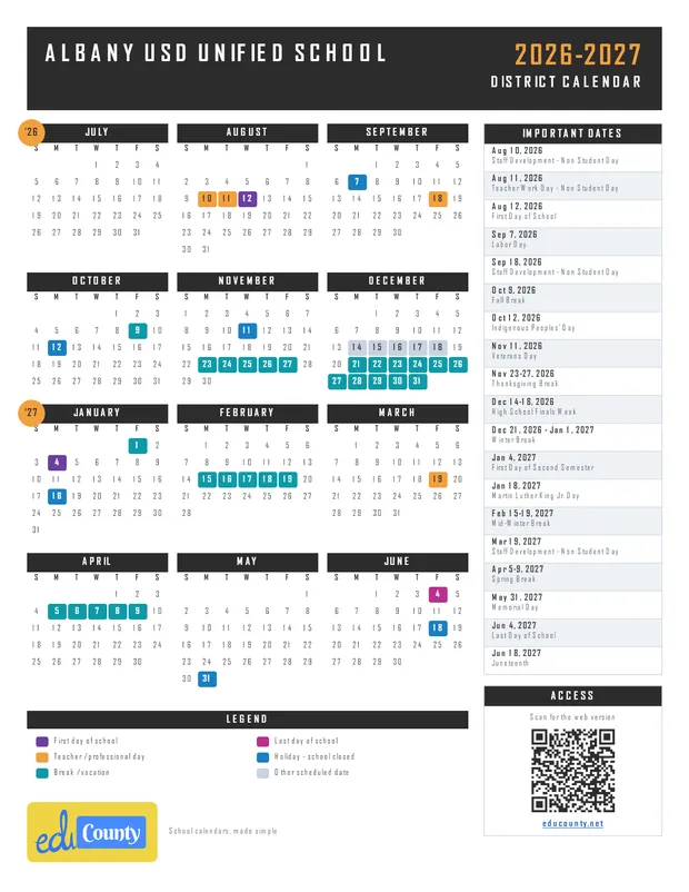 Albany USD Unified School printable 2026-27 calendar