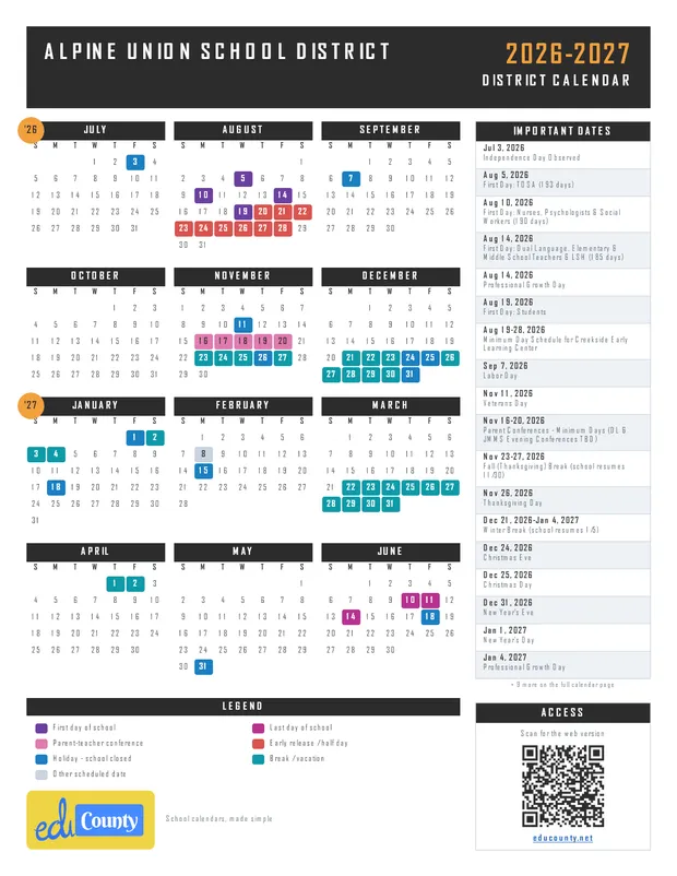 Alpine Union School District printable 2026-27 calendar