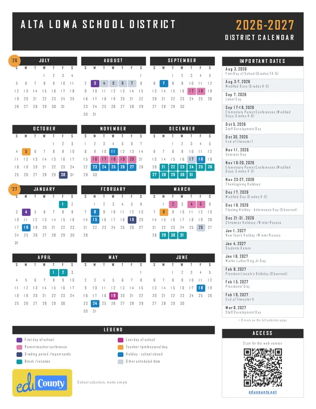 Alta Loma School District printable 2026-27 calendar
