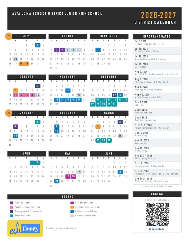 Alta Loma School District Junior High School printable 2026-27 calendar