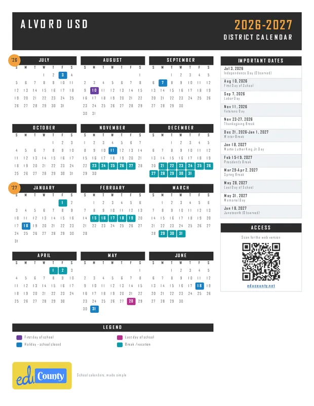 Alvord USD printable 2026-27 calendar