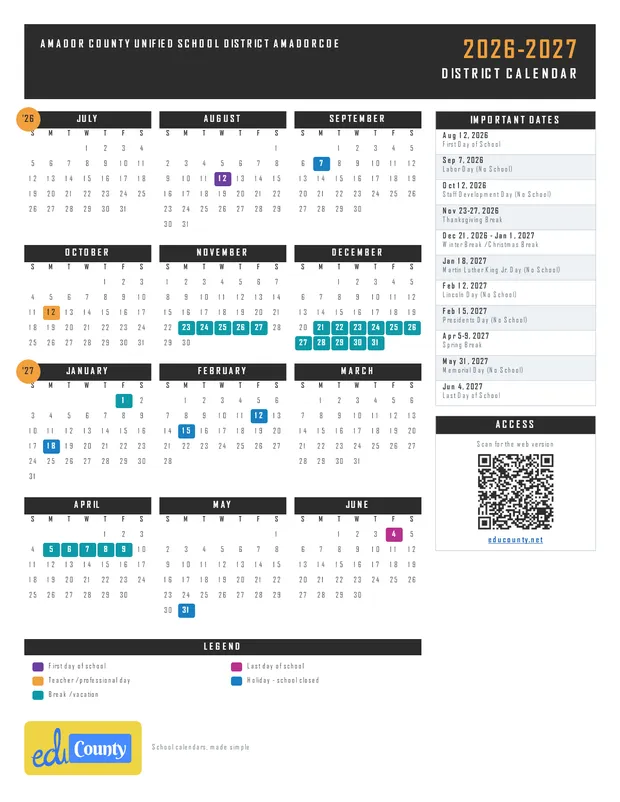 Amador County Unified School District AmadorCOE printable 2026-27 calendar