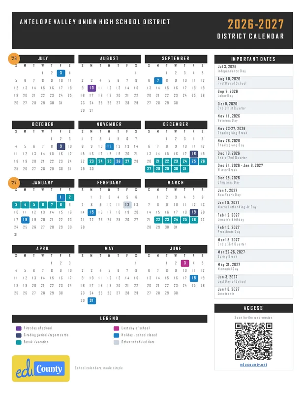 Antelope Valley Union High School District printable 2026-27 calendar