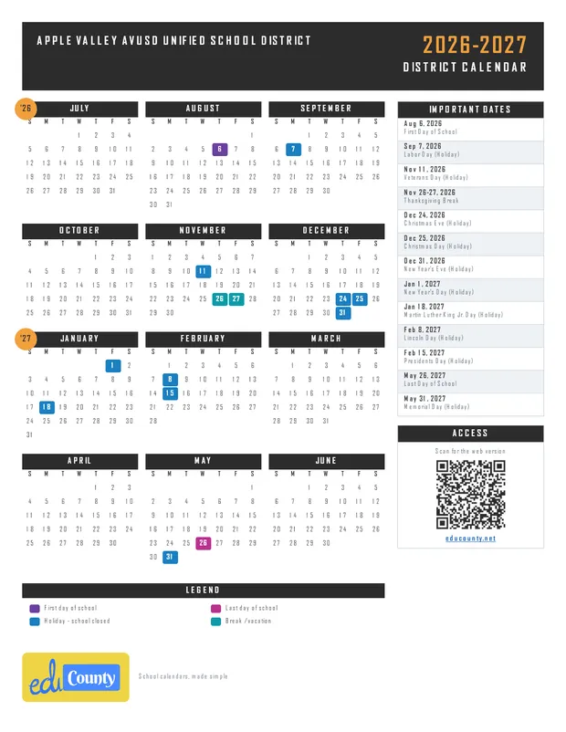 Apple Valley avusd Unified School District printable 2026-27 calendar