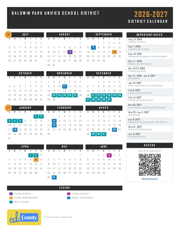 Baldwin Park Unified School District printable 2026-27 calendar