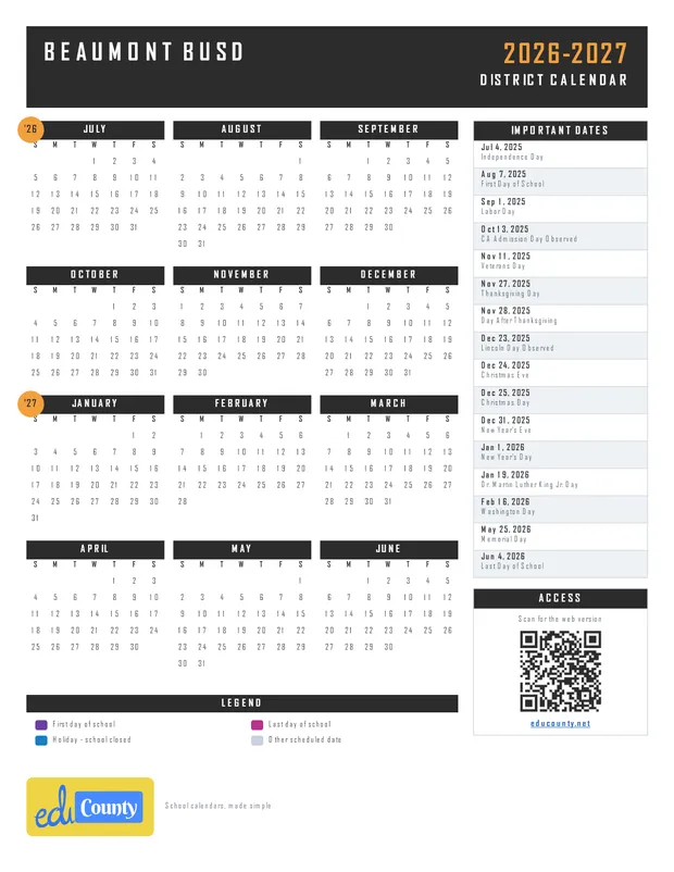 Beaumont BUSD printable 2026-27 calendar
