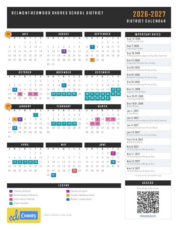 Belmont-Redwood Shores School District printable 2026-27 calendar