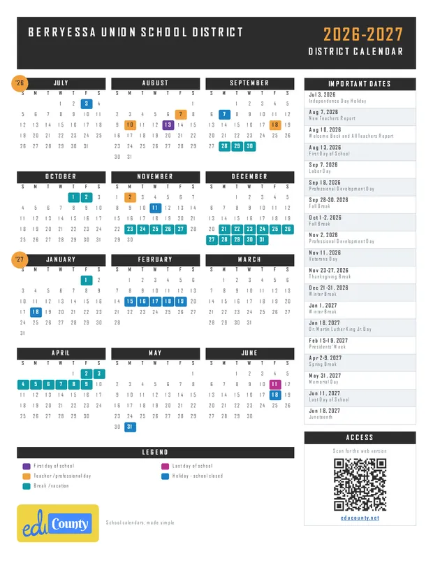 Berryessa Union School District printable 2026-27 calendar