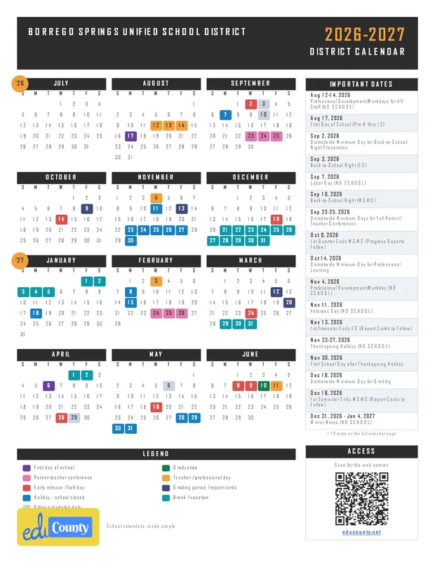 Borrego Springs Unified School District printable 2026-27 calendar