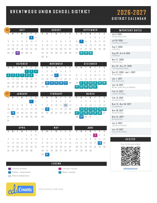 Brentwood Union School District USD printable 2026-27 calendar