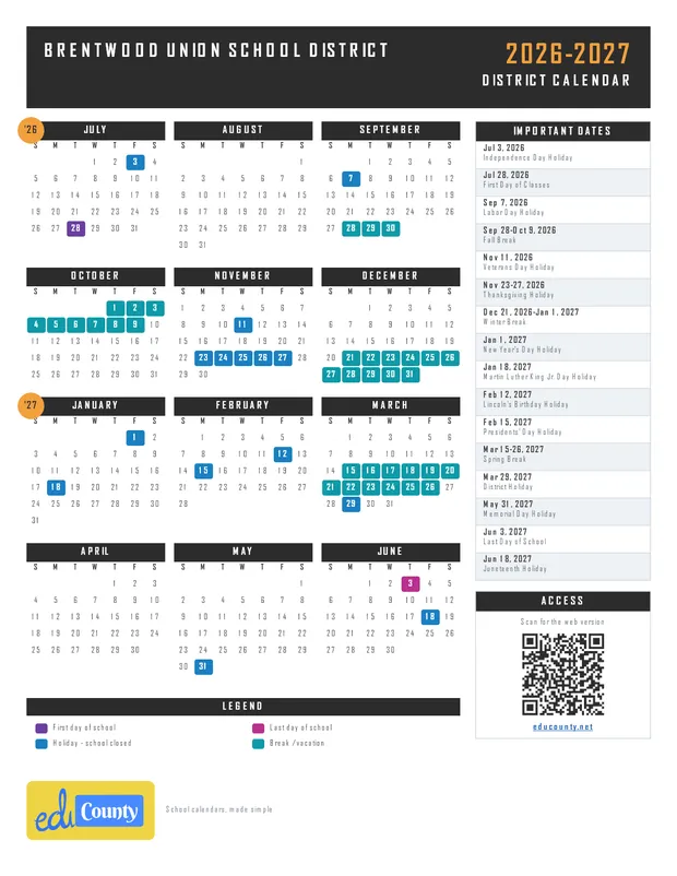 Brentwood Union School District printable 2026-27 calendar