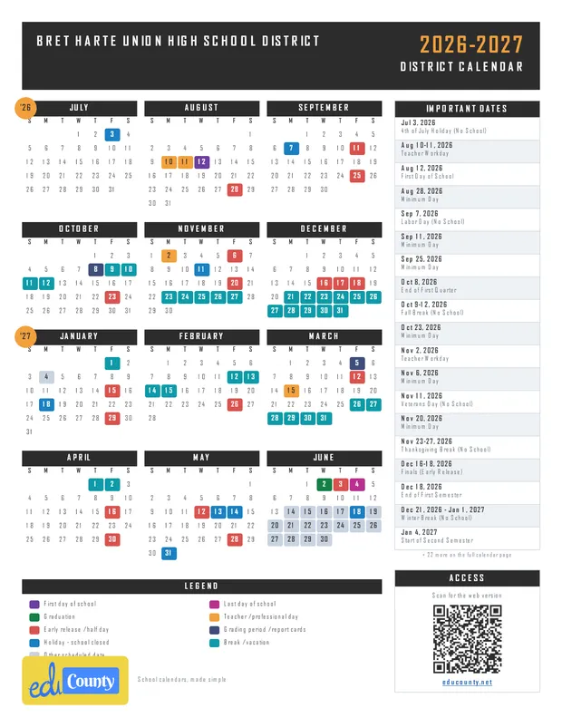 Bret Harte Union High School District USD printable 2026-27 calendar