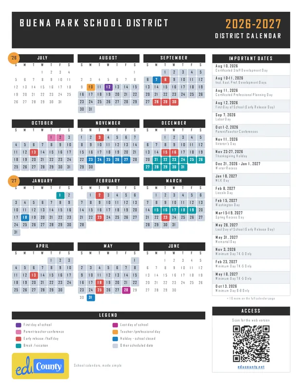 Buena Park School District printable 2026-27 calendar