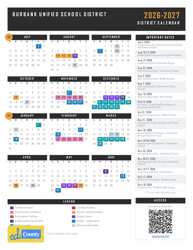 Burbank Unified School District printable 2026-27 calendar