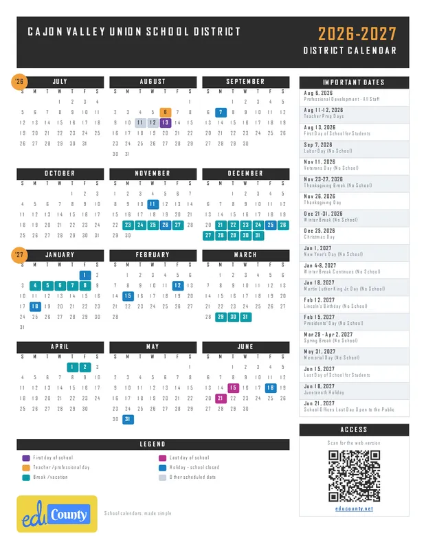 Cajon Valley Union School District printable 2026-27 calendar