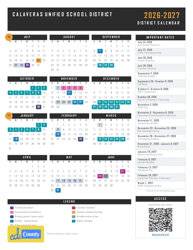 Calaveras Unified School District printable 2026-27 calendar