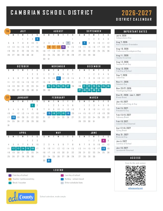 Cambrian School District printable 2026-27 calendar
