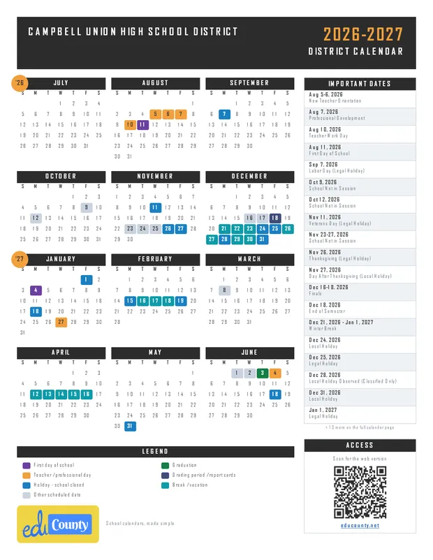 Campbell Union High School District printable 2026-27 calendar