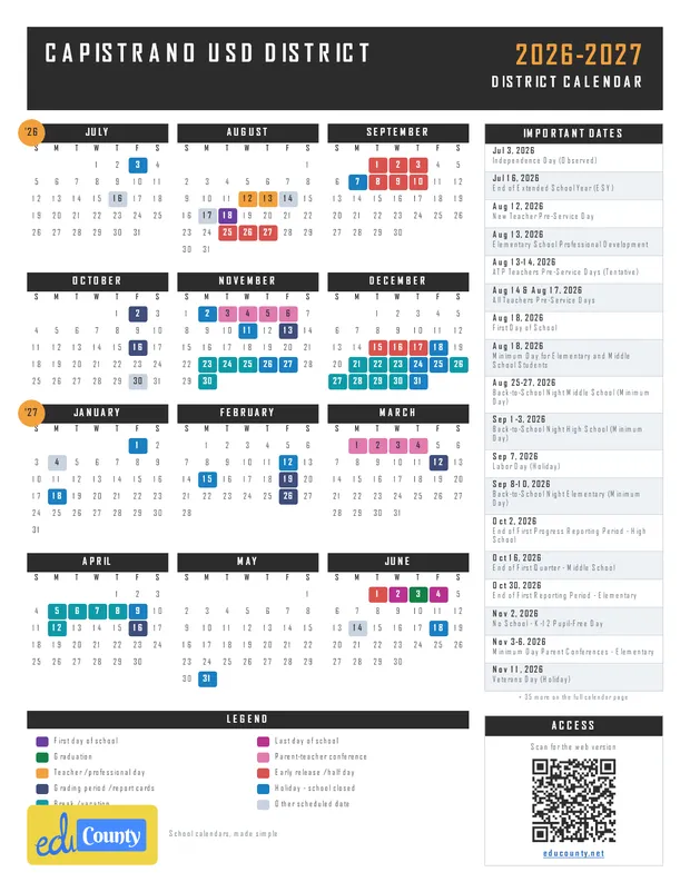 Capistrano USD District printable 2026-27 calendar