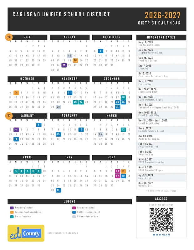 Carlsbad Unified School District printable 2026-27 calendar