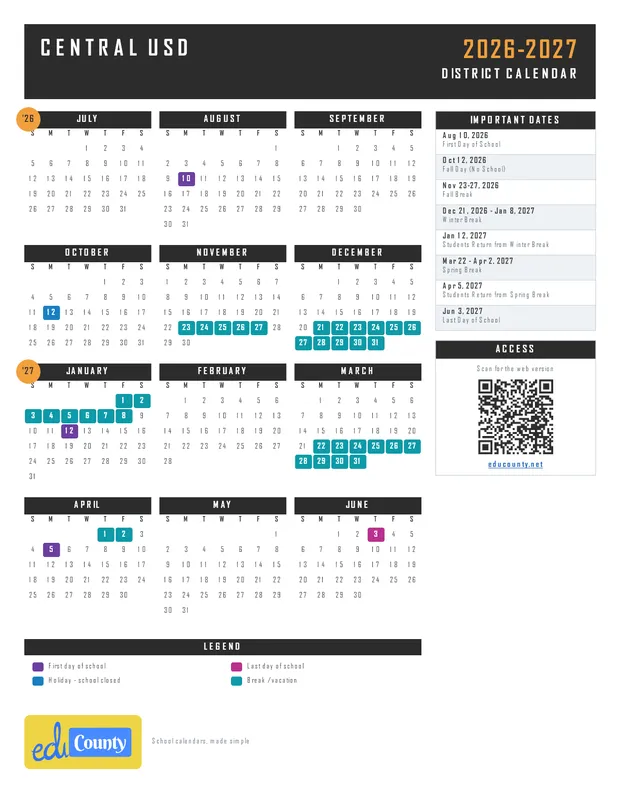 Central Unified School District USD printable 2026-27 calendar