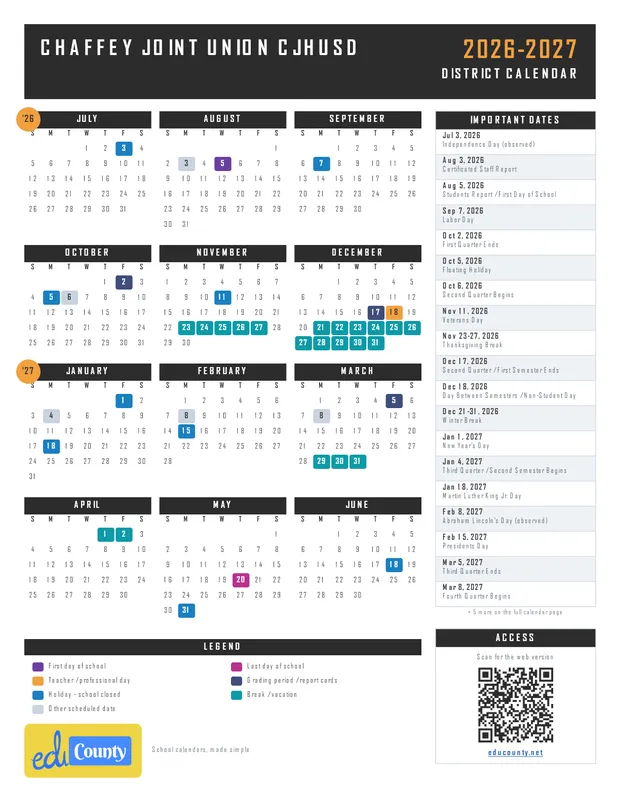 Chaffey Joint Union CJHUSD printable 2026-27 calendar