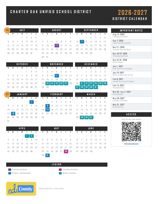 Charter Oak Unified School District printable 2026-27 calendar